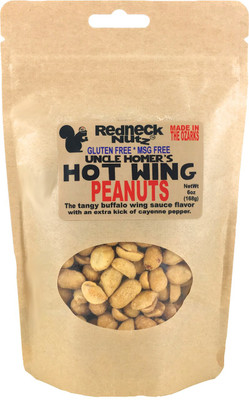A 6 oz resealable bag of Hot Wing Redneck Nutz. 