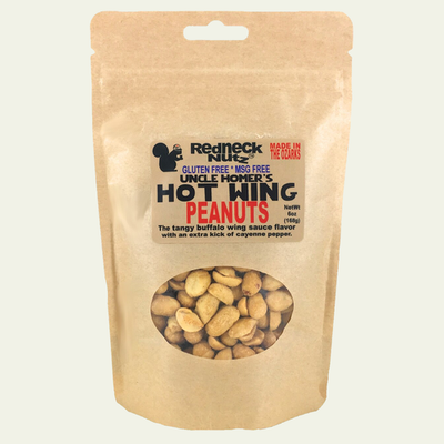 Hot Wing Peanuts pouch with a clear window showing buffalo sauce flavored snacks inside by Uranus Fudge Factory.