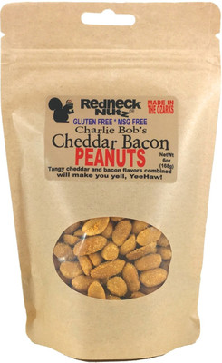 Cheddar Bacon Peanuts pouch with a clear window showing seasoned snacks inside by Uranus Fudge Factory.