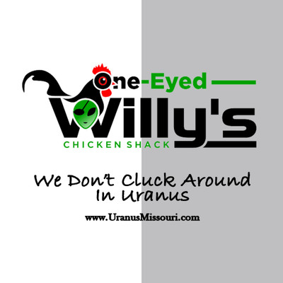 A graphic logo for "One-Eyed Willy’s Chicken Shack" against a background split vertically between white and grey. The design features a stylized black rooster silhouette with a green alien head wearing an eyepatch inside the letter "W." Above the name, a red-crested rooster head peeks out.