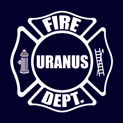 Uranus Fire Department cross badge graphic featuring a fire hydrant and ladder icon on a dark blue background by Uranus Fudge Factory.