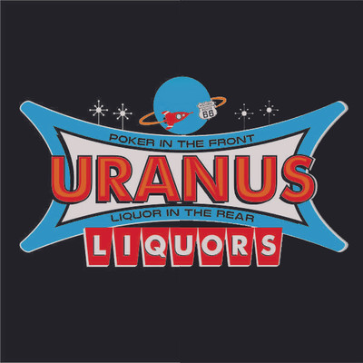 Retro-themed Uranus Liquors logo with a rocket ship graphic isolated on a solid black background Uranus Fudge Factory.