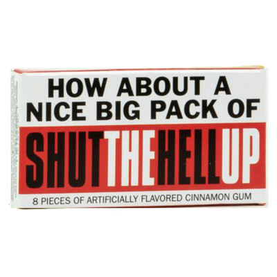 Chewing gum box featuring a funny insult slogan graphic over a solid white background.