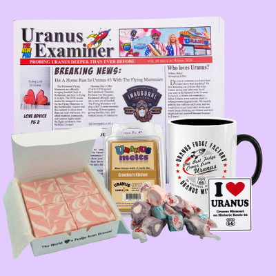 Uranus Mother's Day Package includes choice of 1 lb of fudge, Uranus Examiner, I Love Uranus Sticker, a choice of Uranus brand ceramic mug, choice of Uranus Wax Melts, and a 1/2 lb of salt water taffy. The perfect gift.