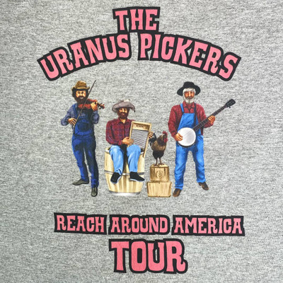 Front of gray Uranus Pickers short-sleeve novelty graphic t-shirt from Uranus Fudge Factory