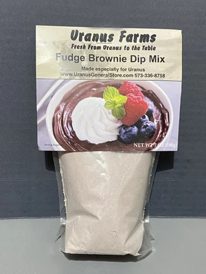 Front view of the Uranus Farms Fudge Brownie Dip Mix, a delicious chocolate snack from the famous Uranus Fudge Factory.