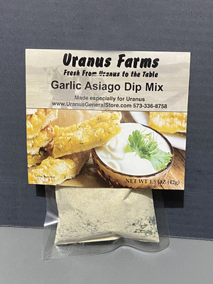 Front view of the Garlic Asiago Dip Mix pouch, available online from the Uranus Fudge Factory.