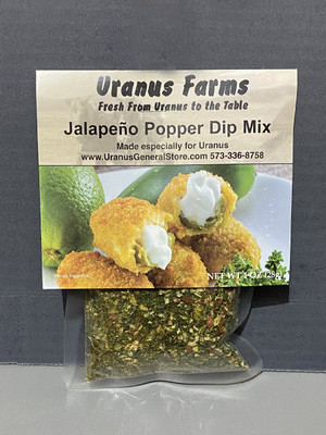 Front view of the Uranus Farms Jalapeño Popper Dip Mix packet, a spicy snack from the famous Uranus Fudge Factory.