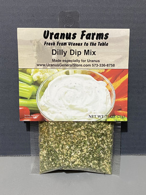 Front packet of Uranus Farms Dilly Dip Mix, a savory party snack from the famous Uranus Fudge Factory.