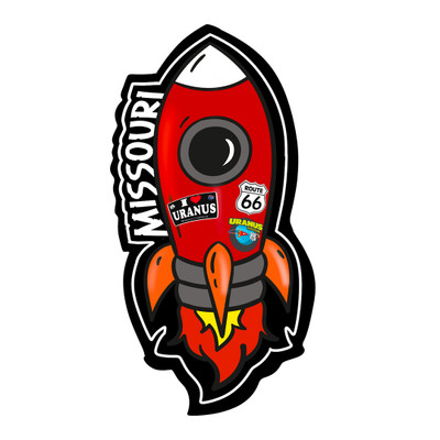 Orange rocket ship sticker graphic isolated on a solid white background by Uranus Fudge Factory.