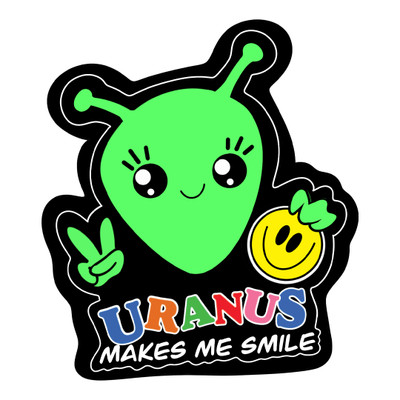 Cute green alien peace sticker graphic isolated on a solid white background by Uranus Fudge Factory.