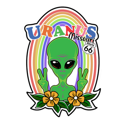 Rainbow alien peace sign with Uranus branding sticker graphic isolated on a solid white background by Uranus Fudge Factory.