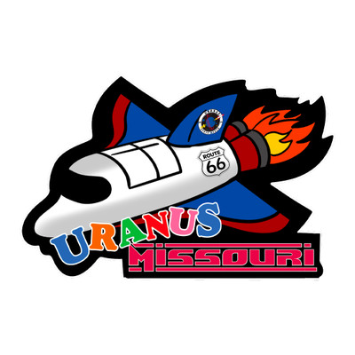 Rocket ship and Uranus branded sticker graphic isolated on a solid white background by Uranus Fudge Factory.