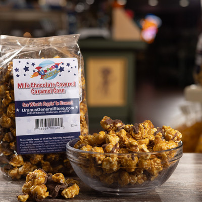Uranus Milk Chocolate Covered Caramel Corn in package and bowl.