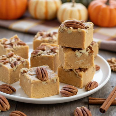 Pumpkin pie nut fudge topped with pecans, with pumpkins behind, by Uranus Fudge Factory.