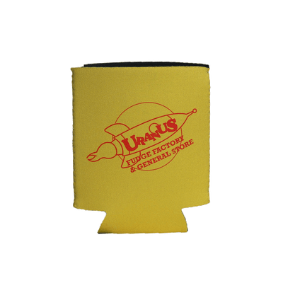 Yellow can cooler displaying a red rocket ship logo by Uranus Fudge Factory.