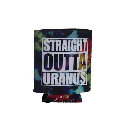Tie-dye can cooler featuring bold white text "Straight Outta Uranus" by Uranus Fudge Factory.