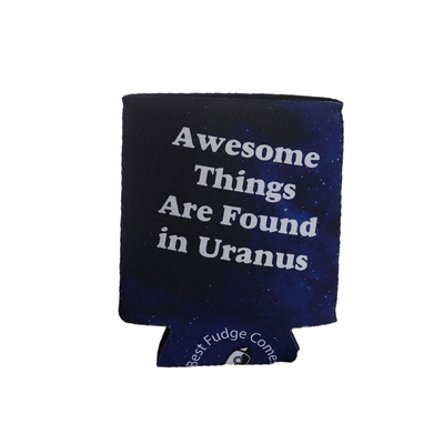 Space-themed can koolie reading Awesome Things Are Found from Uranus Fudge Factory
