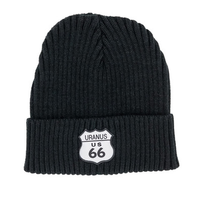 Black ribbed knit winter beanie with Uranus Route 66 patch from Uranus Fudge Factory.
