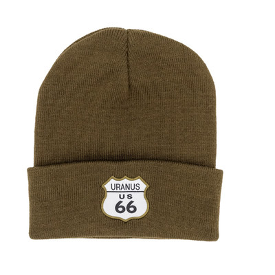 Olive green classic knit winter beanie with white Route 66 shield logo patch from Uranus Fudge Factory.