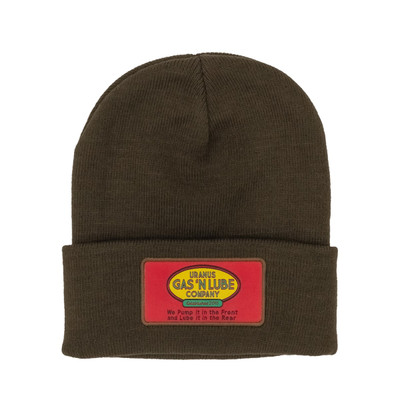 Olive green knit winter beanie hat with red Gas 'N Lube logo patch from Uranus Fudge Factory.