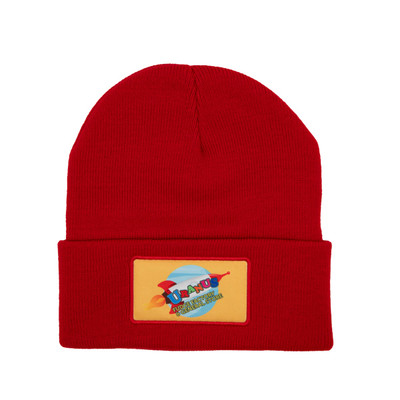Red knit winter beanie hat with rectangular rocket logo patch from Uranus Fudge Factory.