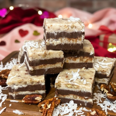 Stack of German Chocolate Cake Fudge on a wooden board from Uranus Fudge Factory