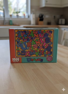 Front of the Uranus 1,000-piece jigsaw puzzle box featuring a colorful collage of the word ‘Uranus’ in overlapping fonts with a bonus poster sticker.