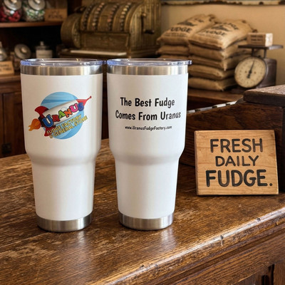 White Uranus Fudge Factory stainless steel tumbler with logo and “The Best Fudge Comes From Uranus” slogan on clean white background.