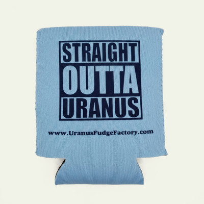 Carolina blue can koozie with a bold "Straight Outta Uranus" block-letter graphic in navy and UranusFudgeFactory.com URL printed below