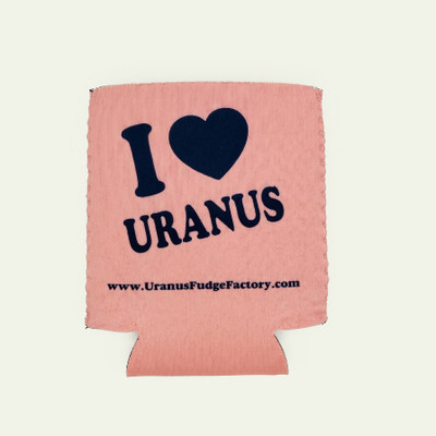 Reverse side of the blush pink can koolie showing an "I heart Uranus" design in navy with the UranusFudgeFactory.com URL underneath