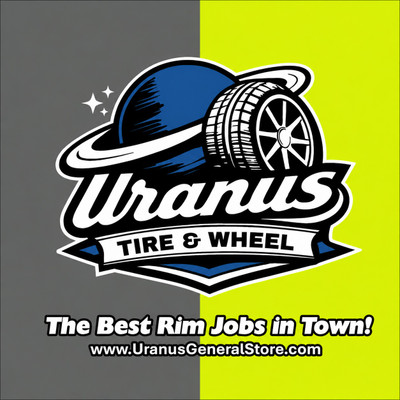 Uranus Tire & Wheel T-shirt graphic on a lime green and gray background with the words "The Best Rim Jobs in Town!"