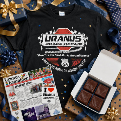 Uranus Father's Day Package. Choose from 3 t-shirt designs, favorite fudge flavor, and get a Uranus Examiner newspaper and I Love Uranus sticker.