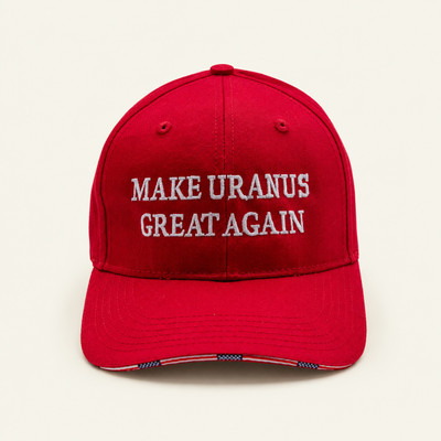 Red Make Uranus Great Again hat with white embroidered lettering across the front and flag-trimmed brim.