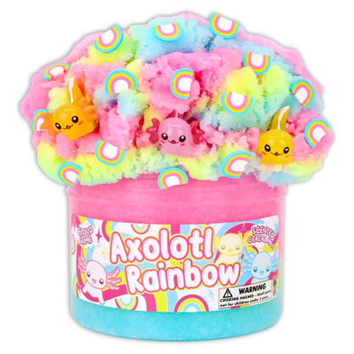 Pastel rainbow Axolotl Rainbow cloud slime fluffed out of its jar, topped with rainbow fimos and three axolotl charms