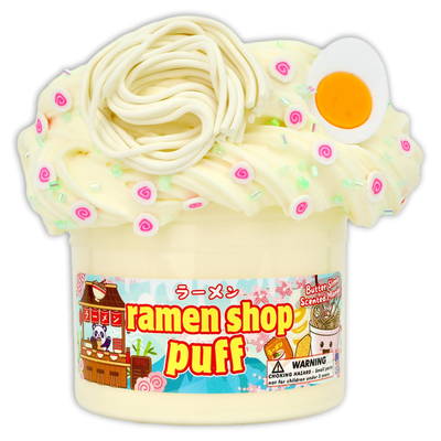 Cream Ramen Shop Puff butter slime in a swirled jar topped with a jumbo ramen noodle charm, narutomaki fimos, and a soft-boiled egg charm