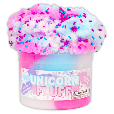 Close-up of tri-colored Unicorn Fluff cloud slime swirls covered in colorful candy sprinkles.