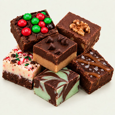 Uranus Holiday Fudge Sampler, six stacked pieces of assorted fudge: M&M's, chocolate walnut, peanut butter chocolate, mint chocolate swirl, dark chocolate sea salt caramel, and white chocolate peppermint cheesecake