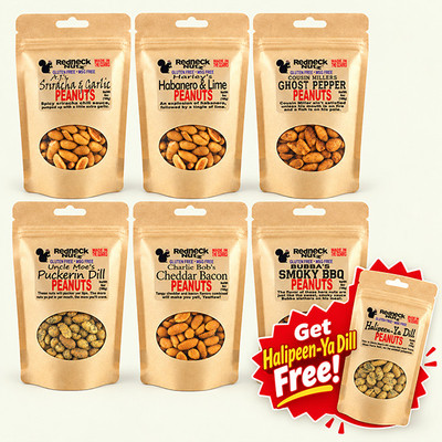 Uranus Holiday Nut Sack: six 6 oz bags of Redneck Nutz flavored peanuts (Sriracha & Garlic, Habanero & Lime, Ghost Pepper, Puckerin Dill, Cheddar Bacon, Smoky BBQ) plus a free bag of Halipeen-Ya Dill