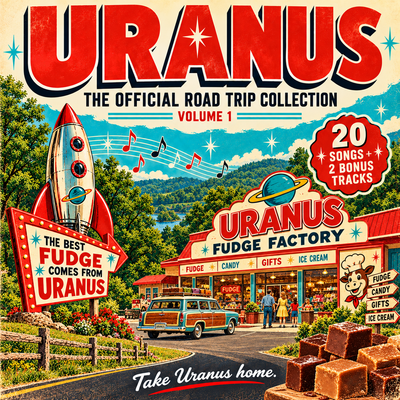 Uranus Volume 1 album cover featuring the Fudge Factory, a vintage rocket, and green Missouri hills