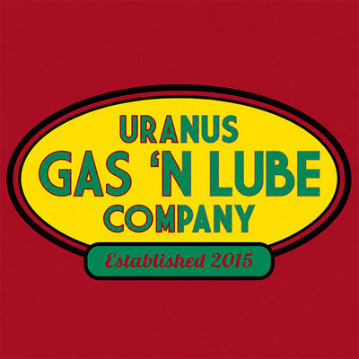 Close-up of the Uranus Gas ‘N Lube Company logo on the red hoodie: yellow oval with green lettering and an ‘Established 2015’ banner