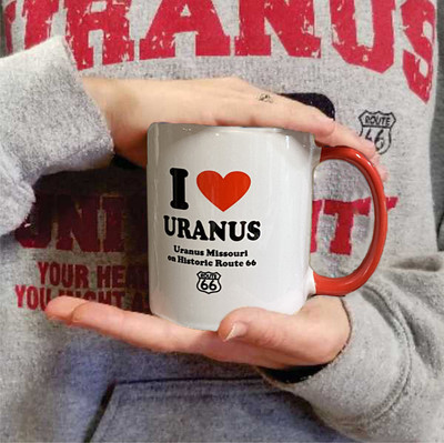 "I Love Uranus" white 15oz ceramic coffee mug front with red interior from Uranus Fudge Factory