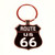 A black enamel and silver metal souvenir keychain in the shape of a Route US 66 highway shield