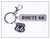 A silver metal Route 66 souvenir keychain featuring a rectangular logo bar and a hanging highway shield charm
