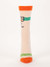 Front angle of an off-white novelty sock showing green athletic stripes wrapping around the calf.