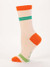 Side view of the off-white novelty sock highlighting the plain side with orange and green athletic stripes.