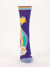 Front angle of the purple novelty sock showing a bird character, a striped rainbow cuff, and text details.