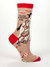 A tan novelty crew sock with a red cuff and heel featuring a girl hugging a horse with the text "I hate everyone too."