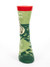Front-facing view of a patterned green crew sock featuring a red cuff and text.