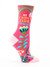 A single bright pink crew sock displayed against a plain white background. The sock features pale pink accents on the toe and heel. It is decorated with a vibrant, retro floral pattern of stylized vines and large flowers in bright teal, green, yellow, dark blue, and white. Knit into the upper ankle, sandwiched between the colorful floral elements, is the bold, stacked text: "HI" and "I DON'T CARE" in yellow, followed by "THANKS" in teal.